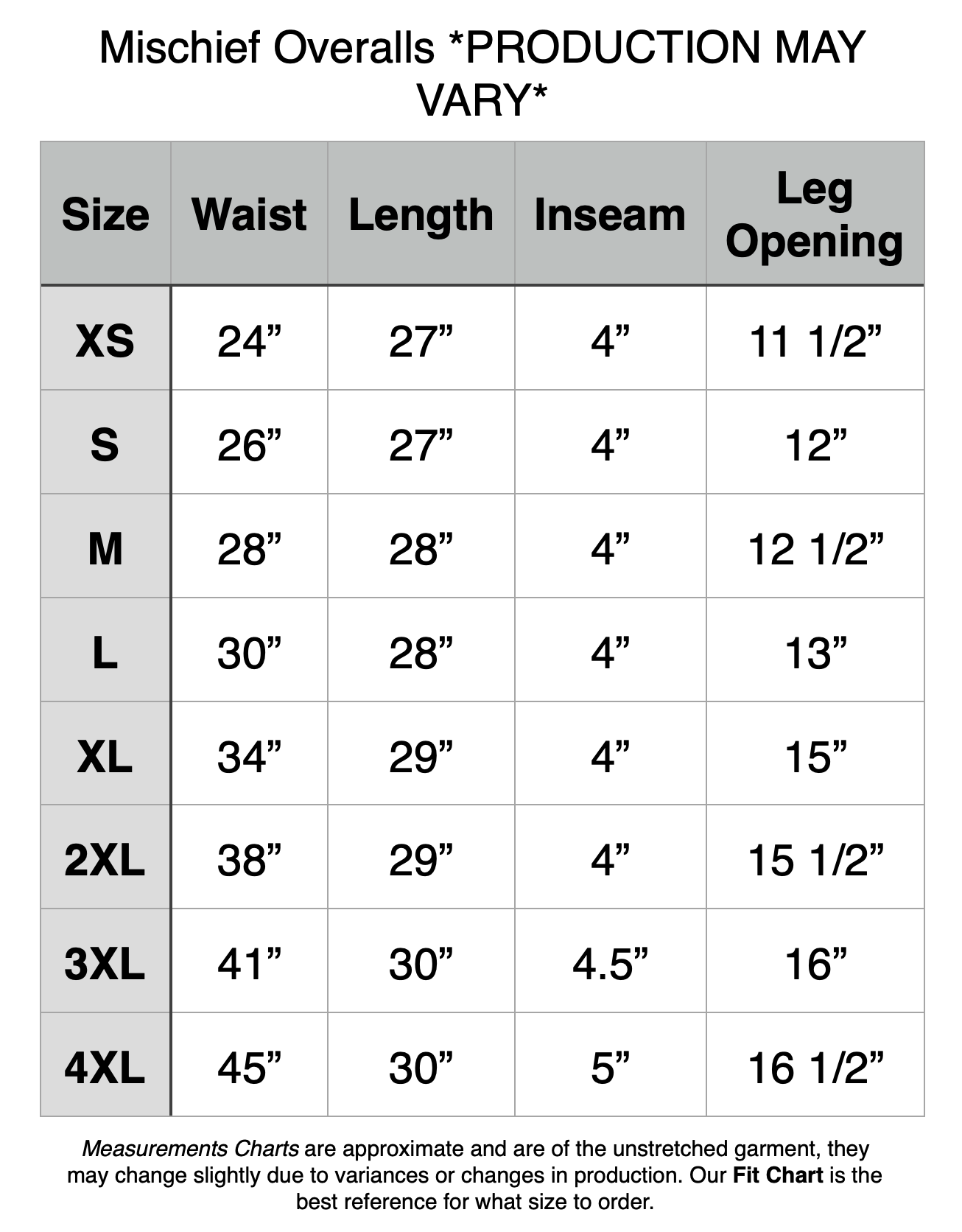 Mischief Overalls - XS: 24" Waist, 27" Length, 4" Inseam, 11.5" Leg Opening. S: 26" Waist, 27" Length, 4" Inseam, 12" Leg Opening. M: 28" Waist, 28" Length, 4" Inseam, 12.5" Leg Opening. L: 30" Waist, 28" Length, 4" Inseam, 13" Leg Opening. XL: 34" Waist, 29" Length, 4" Inseam, 15" Leg Opening. 2XL: 38" Waist, 29" Length, 4" Inseam, 15.5" Leg Opening. 3XL: 41" Waist, 30" Length, 4.5" Inseam, 16" Leg Opening. 4XL: 45" Waist, 30" Length, 5" Inseam, 16.5" Leg Opening.