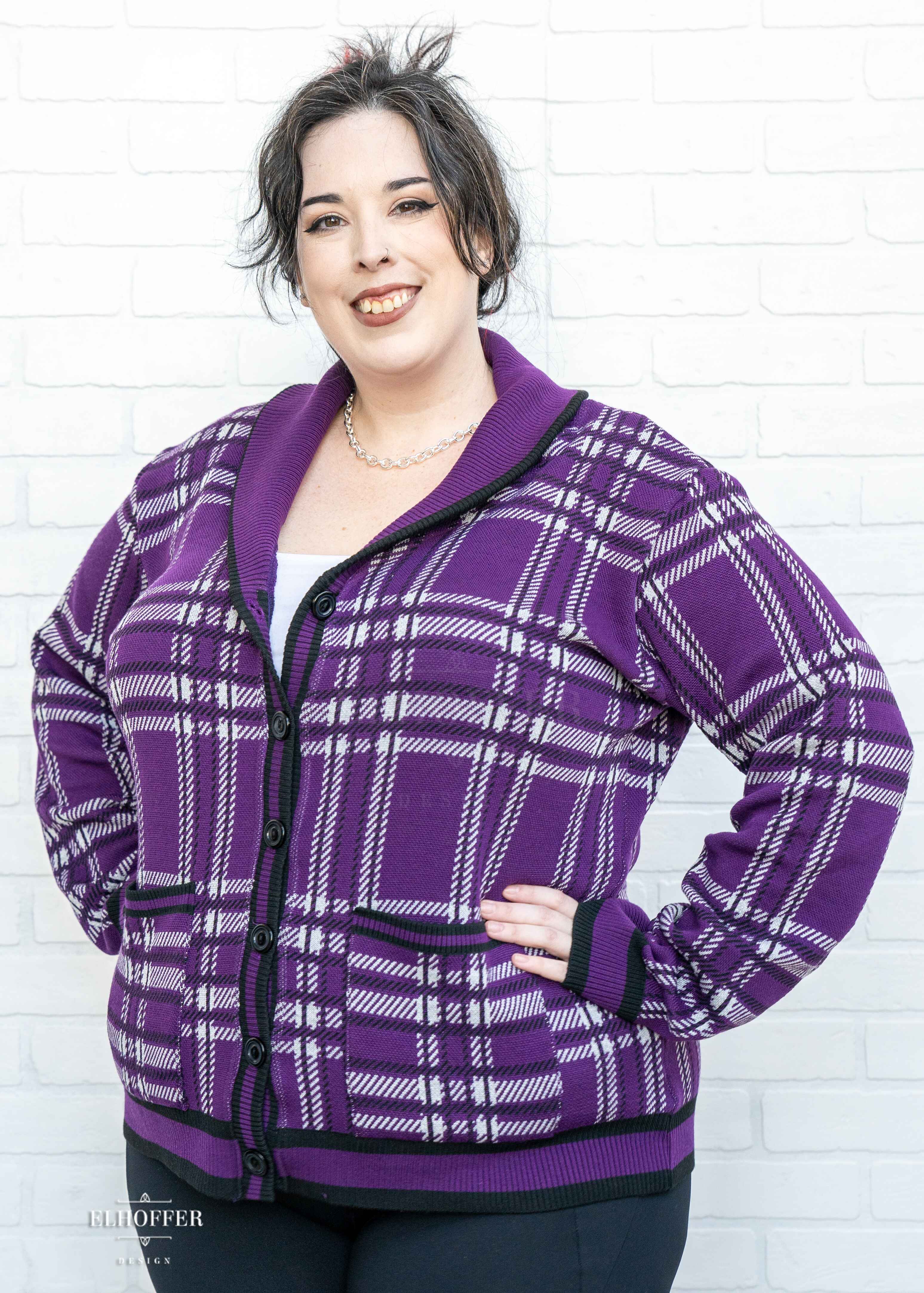 Essential Unisex Shawl Cardigan - Amethyst Tartan