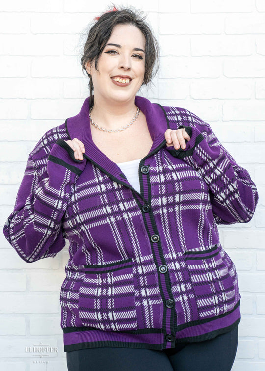 Essential Unisex Shawl Cardigan - Amethyst Tartan