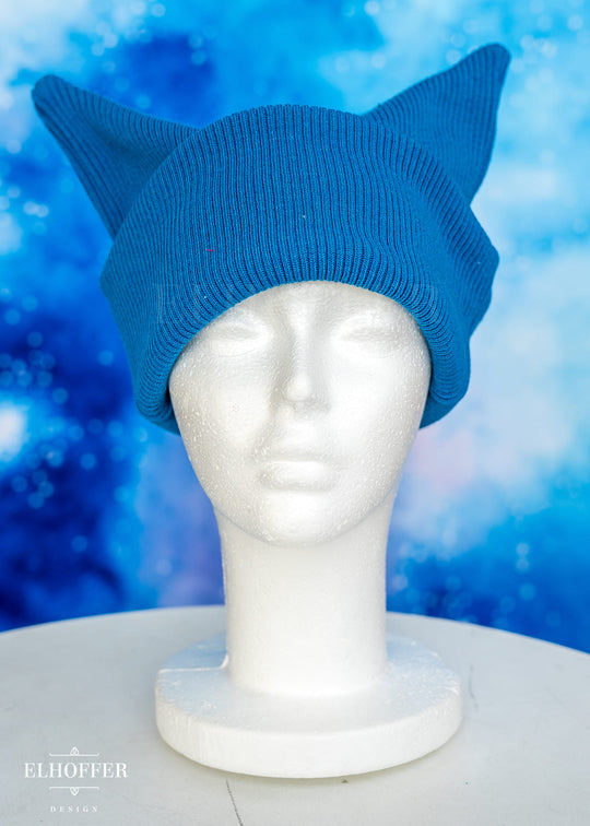 Snips Blue Ribbed Demon Horn Beanie