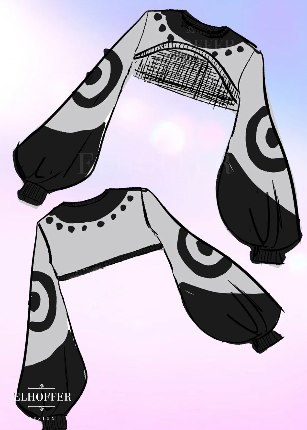 Black and white outfit with circular patterns on a gradient background