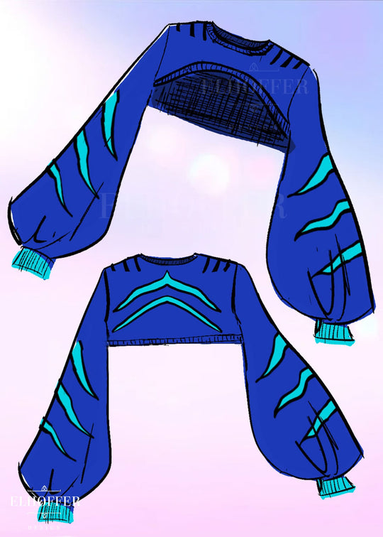Blue and green patterned outfit on a gradient background