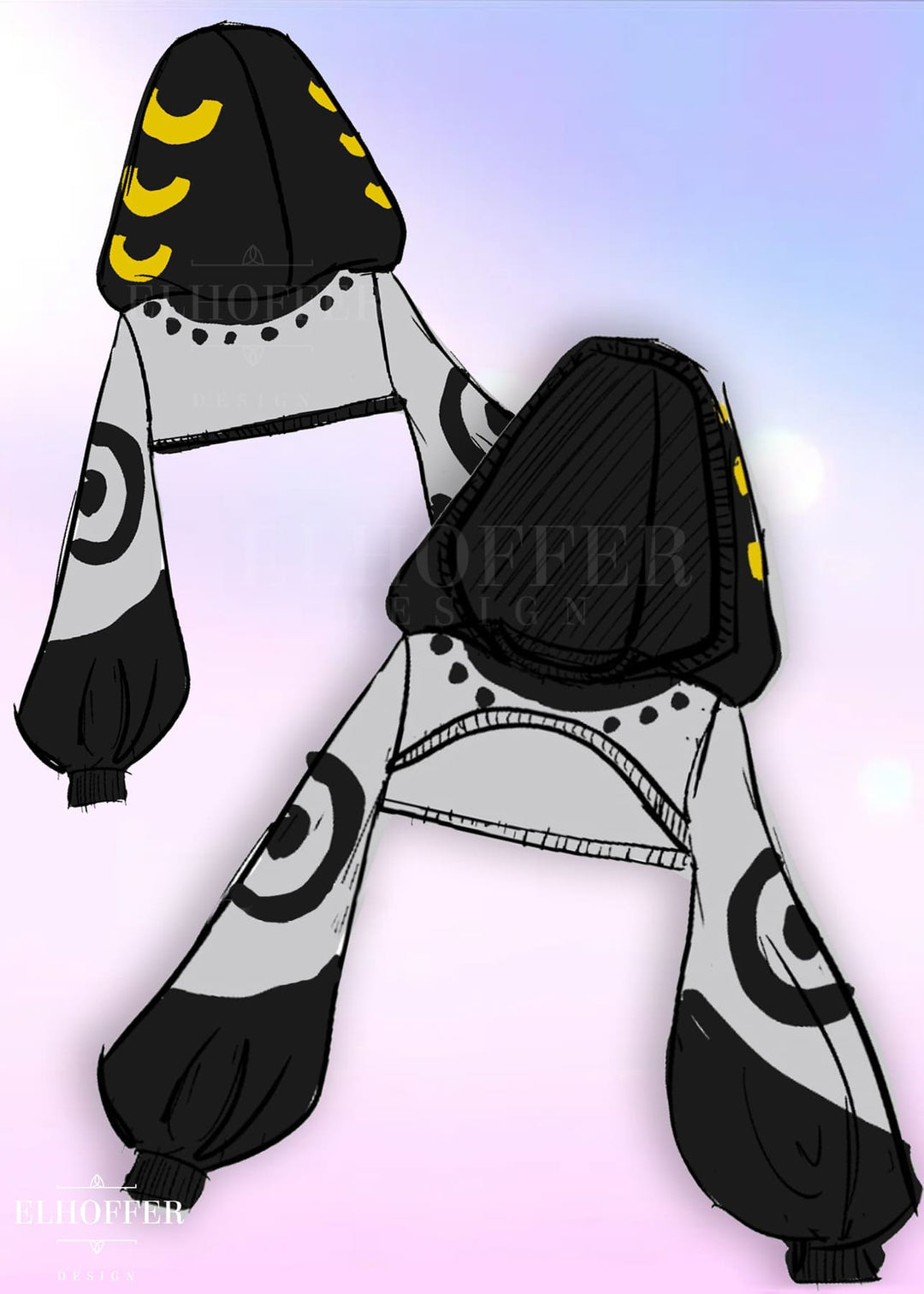 Black and gray outfit with yellow accents on a white background