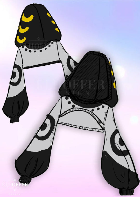 Black and gray outfit with yellow accents on a white background