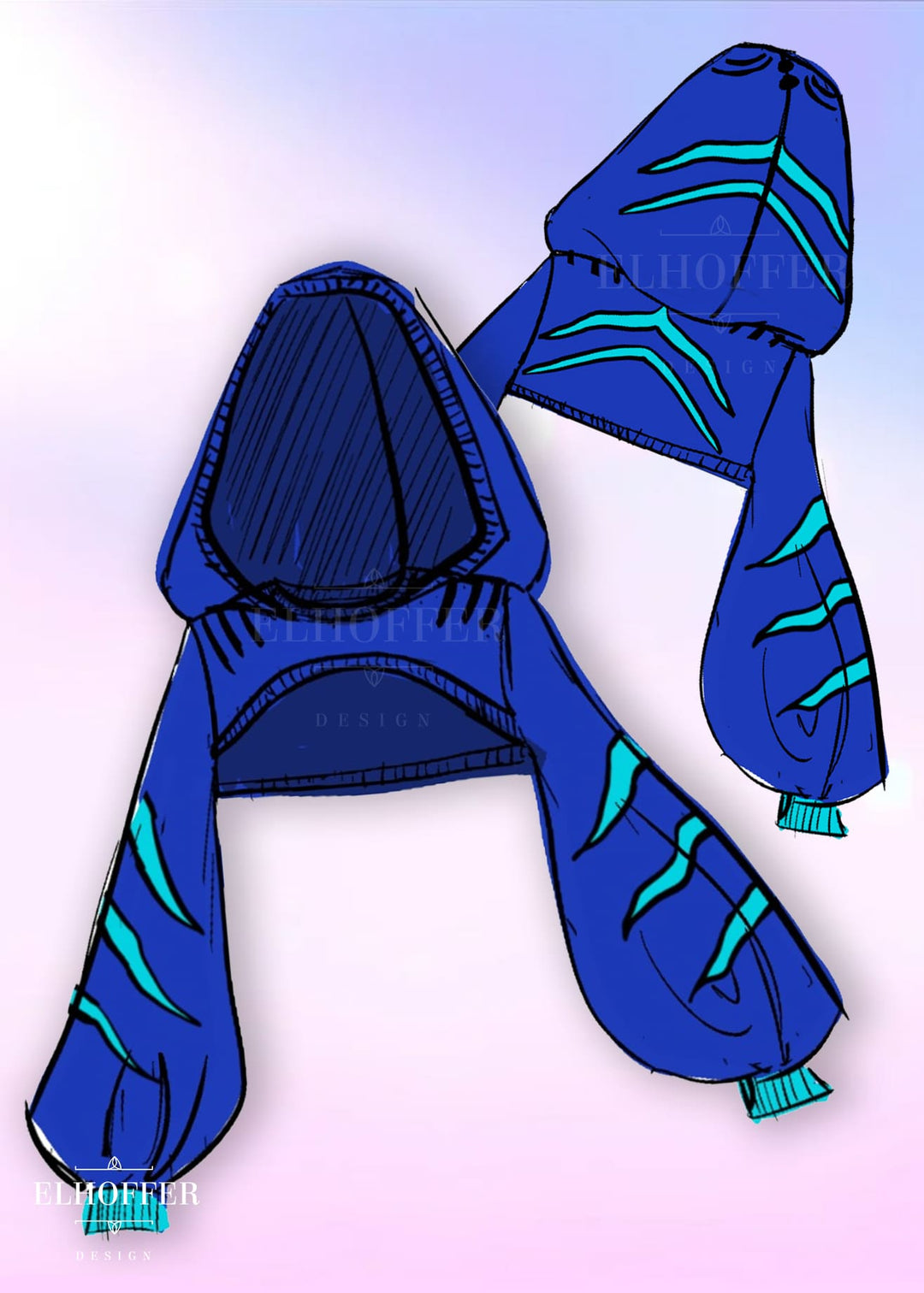Blue hooded jacket with green accents on a gradient background