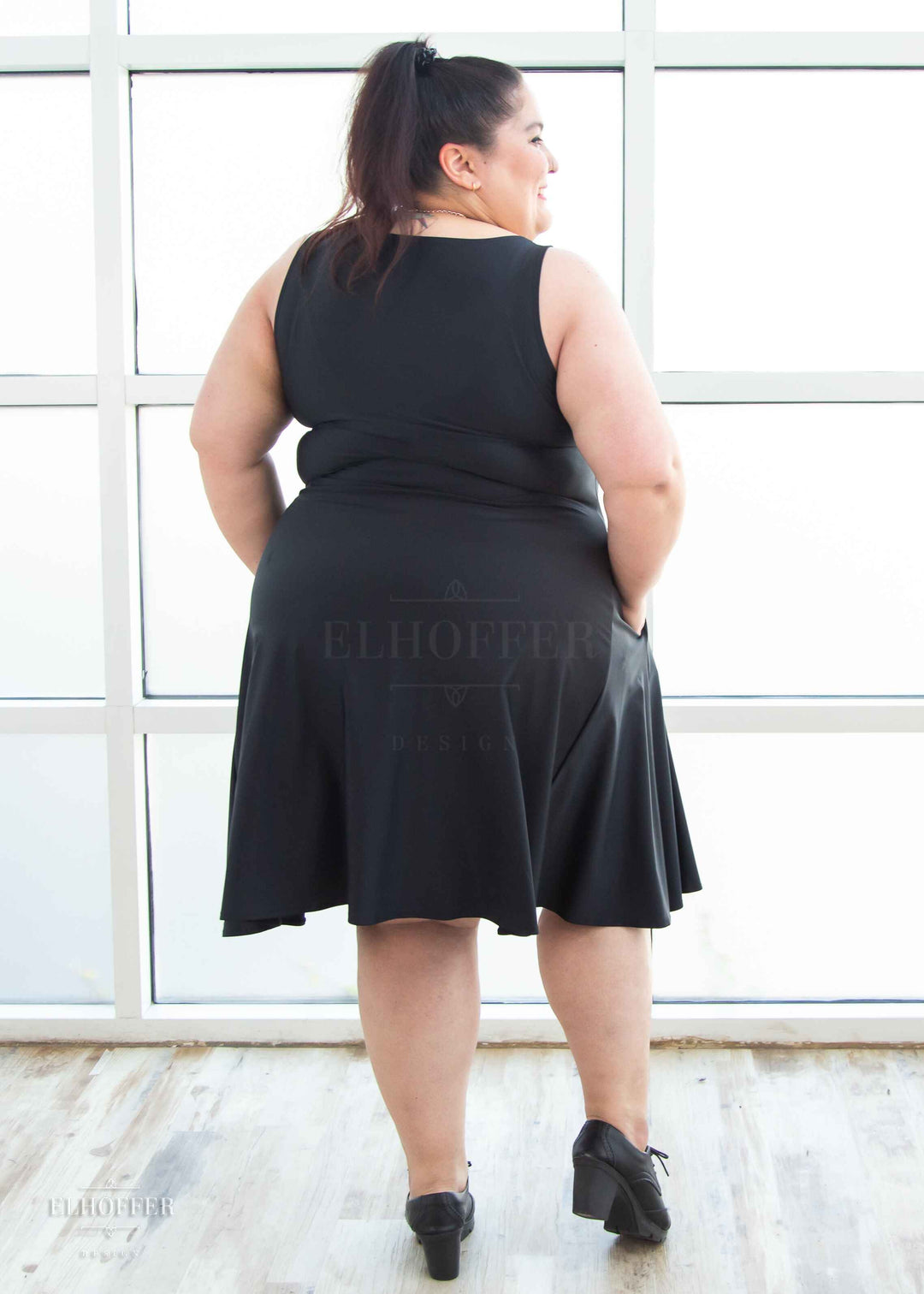 Essential Aquarius Knee Length Dress - Matte Black Spandex Elhoffer Design Essential Aquarius Knee Length Dress - Matte Black Spandex Elhoffer Design
