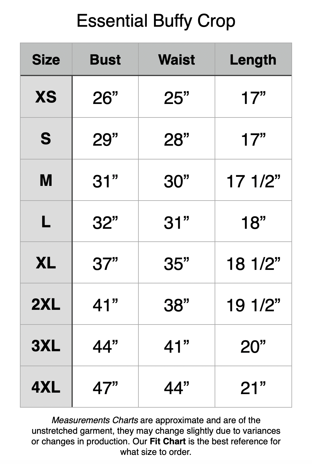 Essential Buffy Crop Top - XS: 26" Bust, 25" Waist, 17" Length. S: 29" Bust, 28" Waist, 17" Length. M: 31" Bust, 30" Waist, 17.5" Length. L: 32" Bust, 31" Waist, 18" Length. XL: 37" Bust, 35" Waist, 18.5" Length. 2XL: 41" Bust, 38" Waist, 19.5" Length. 3XL: 44" Bust, 41" Waist, 20" Length. 4XL: 47" Bust, 44" Waist, 21" Length.