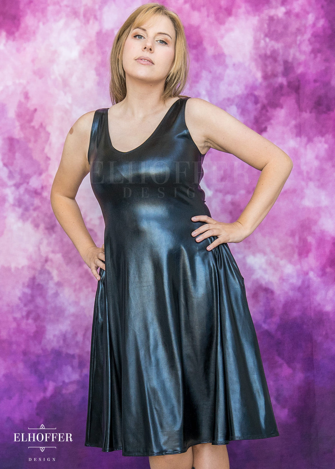 Essential Aquarius Knee Length Dress - Black Liquid Leather