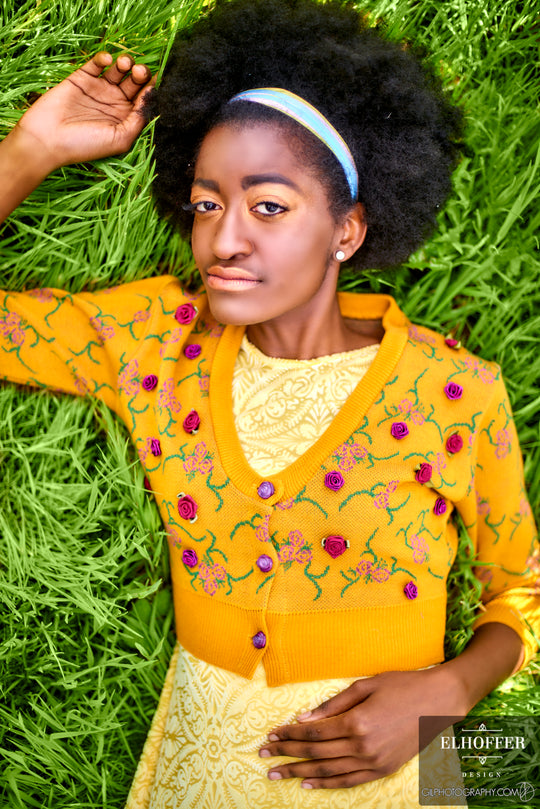 Archive Sale | Galactic Picnic Cardigan w/ Hand Sewn Flowers - Goldenrod/ Pink - S