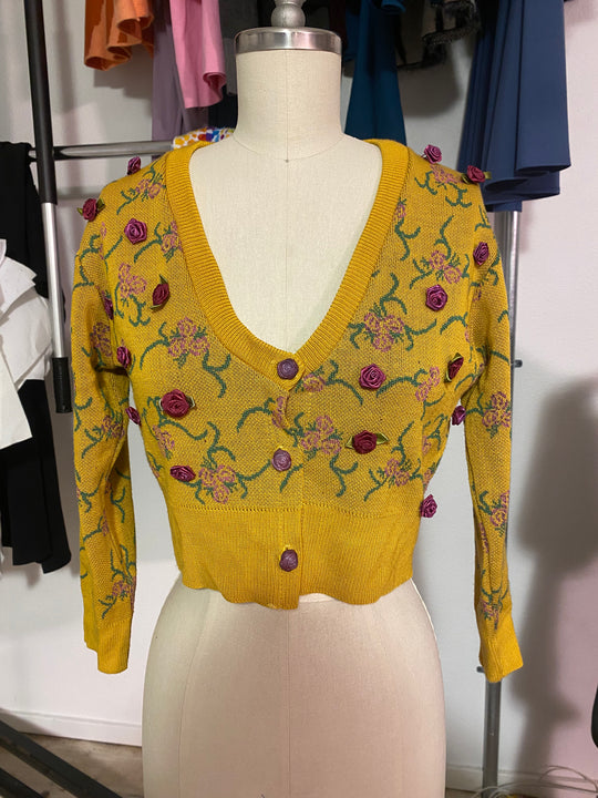 Archive Sale | Galactic Picnic Cardigan w/ Hand Sewn Flowers - Goldenrod/ Pink - S