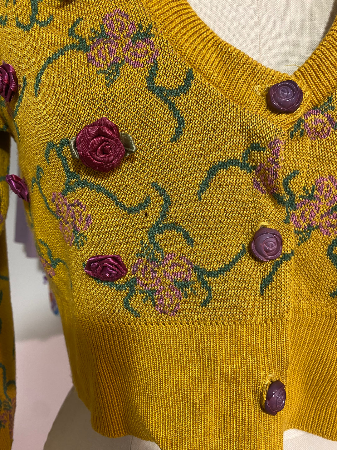 Archive Sale | Galactic Picnic Cardigan w/ Hand Sewn Flowers - Goldenrod/ Pink - S
