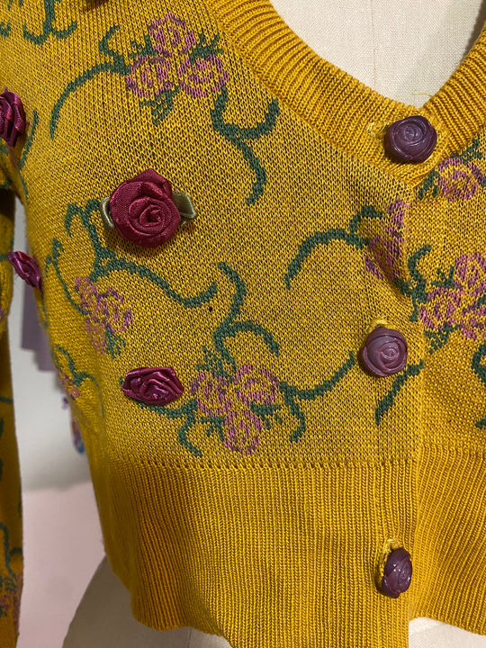 Archive Sale | Galactic Picnic Cardigan w/ Hand Sewn Flowers - Goldenrod/ Pink - S