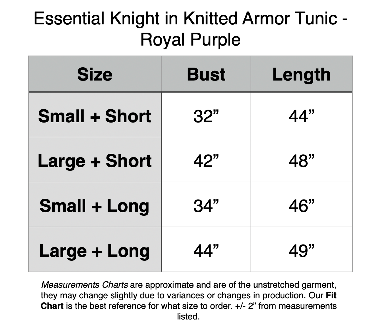 PREORDER - Essential Knight in Knitted Armor Tunic - Royal Purple. Small + Short: 32” Bust, 44” Length. Large + Short: 42” Bust, 48” Length. Small + Long: 34” Bust, 46” Length. Large + Long: 44” Bust, 49” Length.