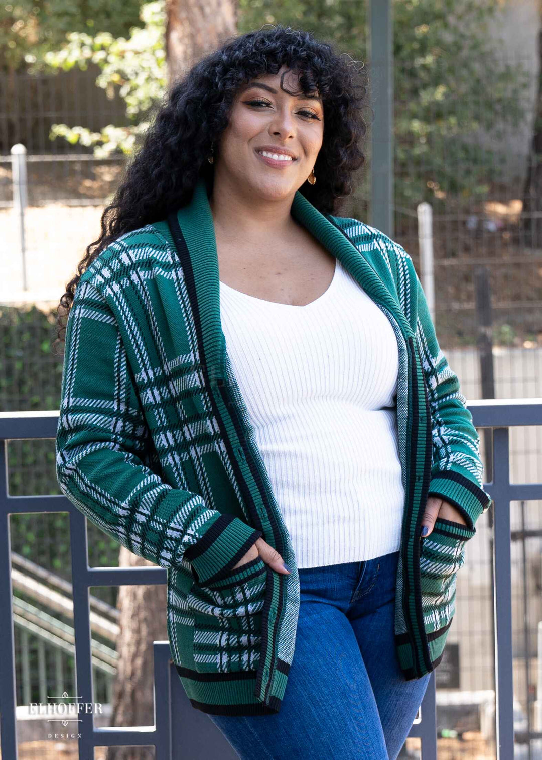 Essential Unisex Shawl Cardigan - Emerald Tartan