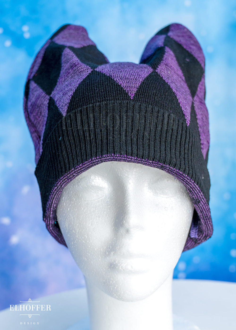Handmade Purple Diamonds Cat Ear Beanie