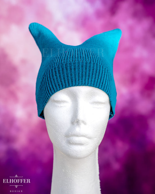 Handmade Teal Ribbed Cat Ear Knit Beanie - Best On Tiny Heads