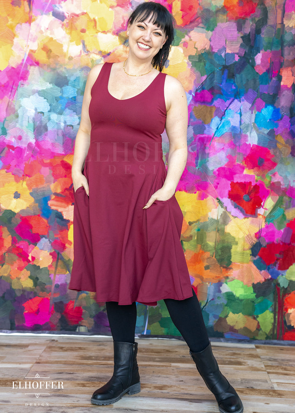 Essential Aquarius Knee Length Dress - Burgundy