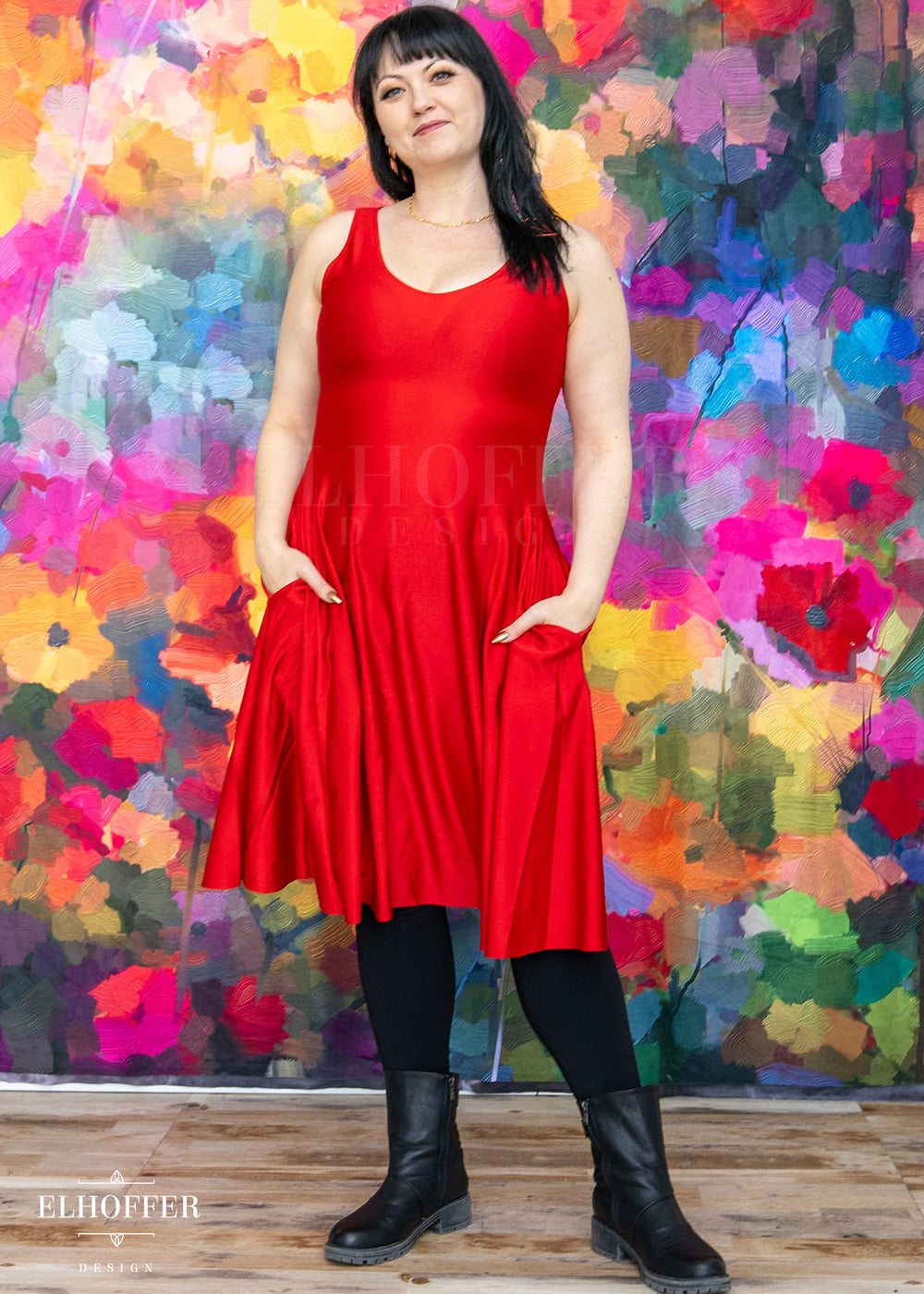 Essential Aquarius Knee Length Dress - Shiny Cherry Red