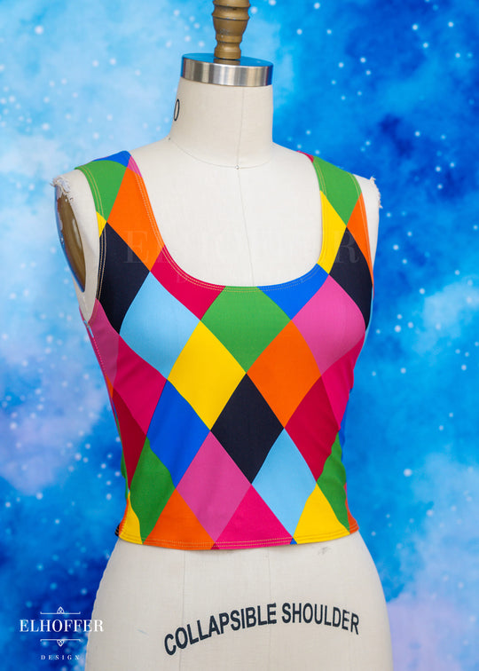 Handmade Buffy Crop Top - Rainbow Harlequin Diamonds