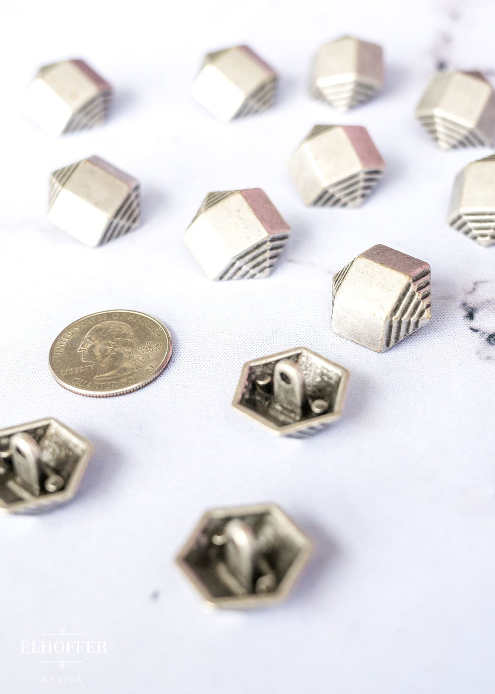 Silver Hexagonal 3D Shank Buttons - Metal - 36L