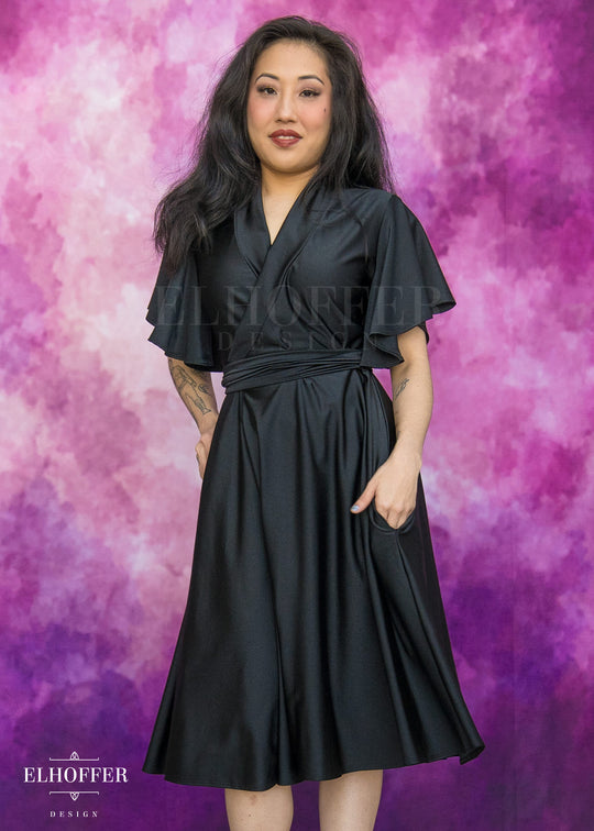 Essential Luisa Wrap Dress - Black Shiny Spandex