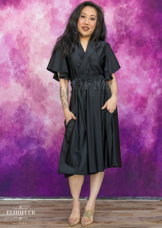 Essential Luisa Wrap Dress - Black Shiny Spandex