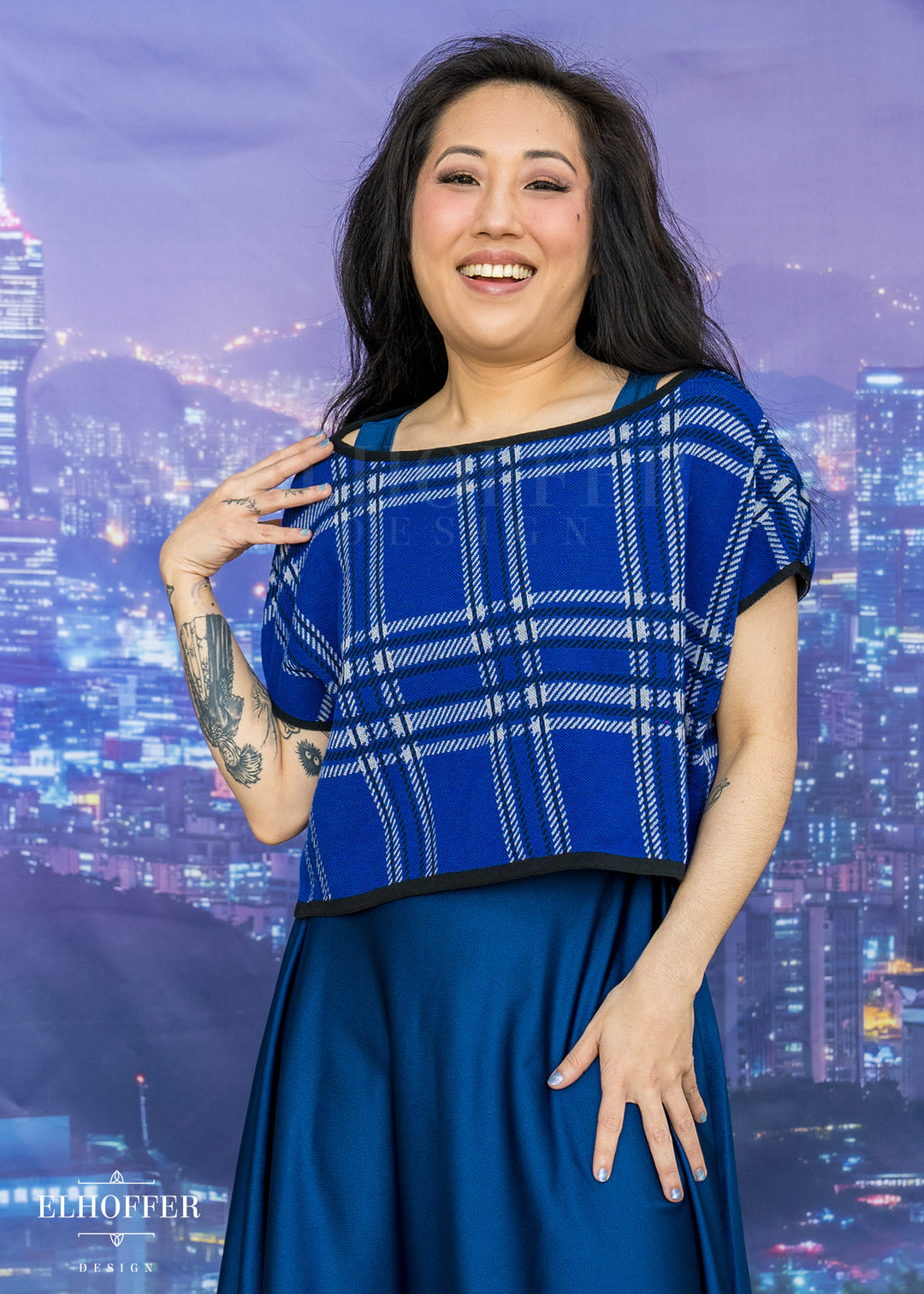 Essential Tartan Boatneck Crop - Cobalt