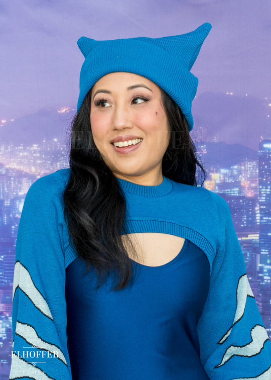 Snips Blue Ribbed Demon Horn Beanie