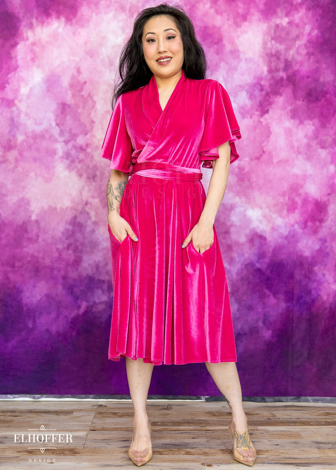 Essential Luisa Wrap Dress - Fuchsia Velvet Elhoffer Design Essential Luisa Wrap Dress - Fuchsia Velvet Elhoffer Design