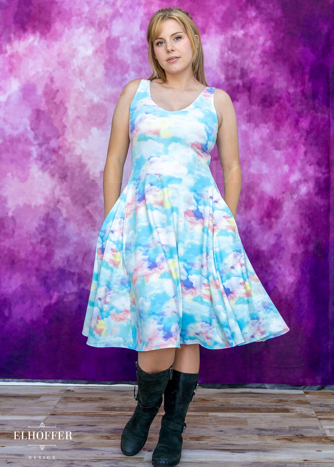 Essential Aquarius Knee Length Dress - Rainbow Pastel Clouds