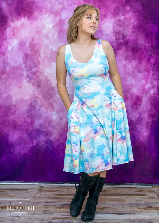 Essential Aquarius Knee Length Dress - Rainbow Pastel Clouds