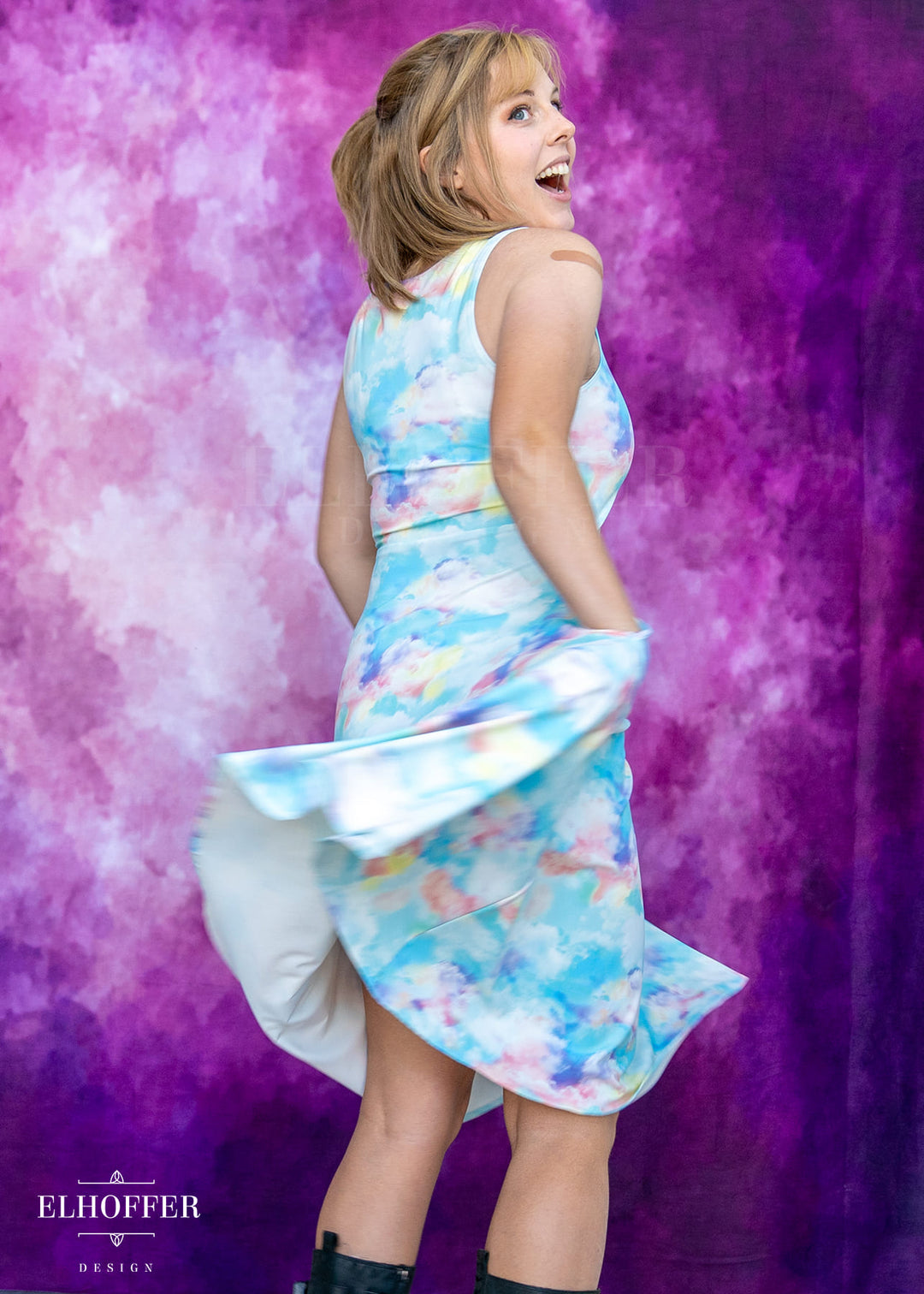 Essential Aquarius Knee Length Dress - Rainbow Pastel Clouds