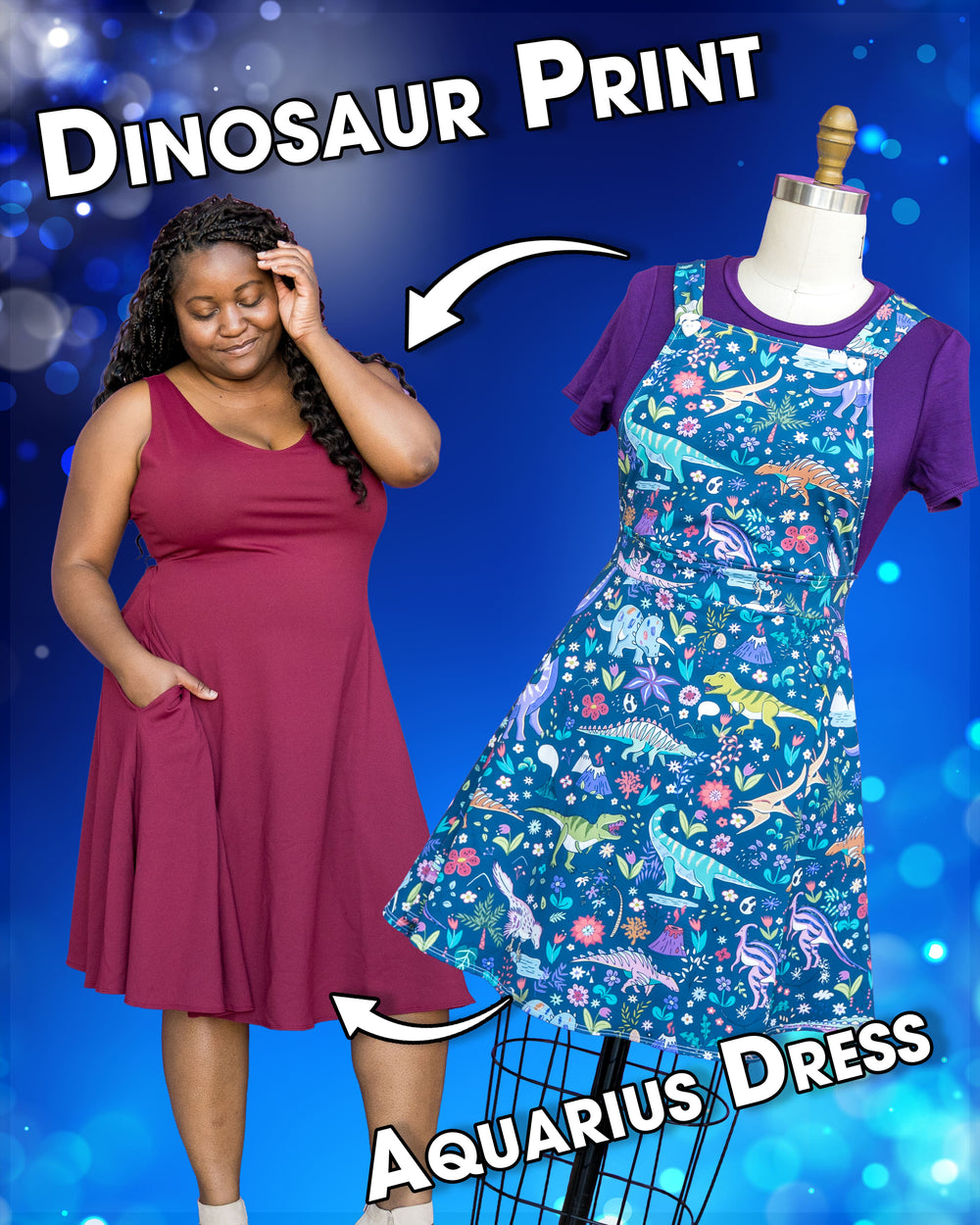 PREORDER - Essential Aquarius Knee Length Dress - Dinosaurs