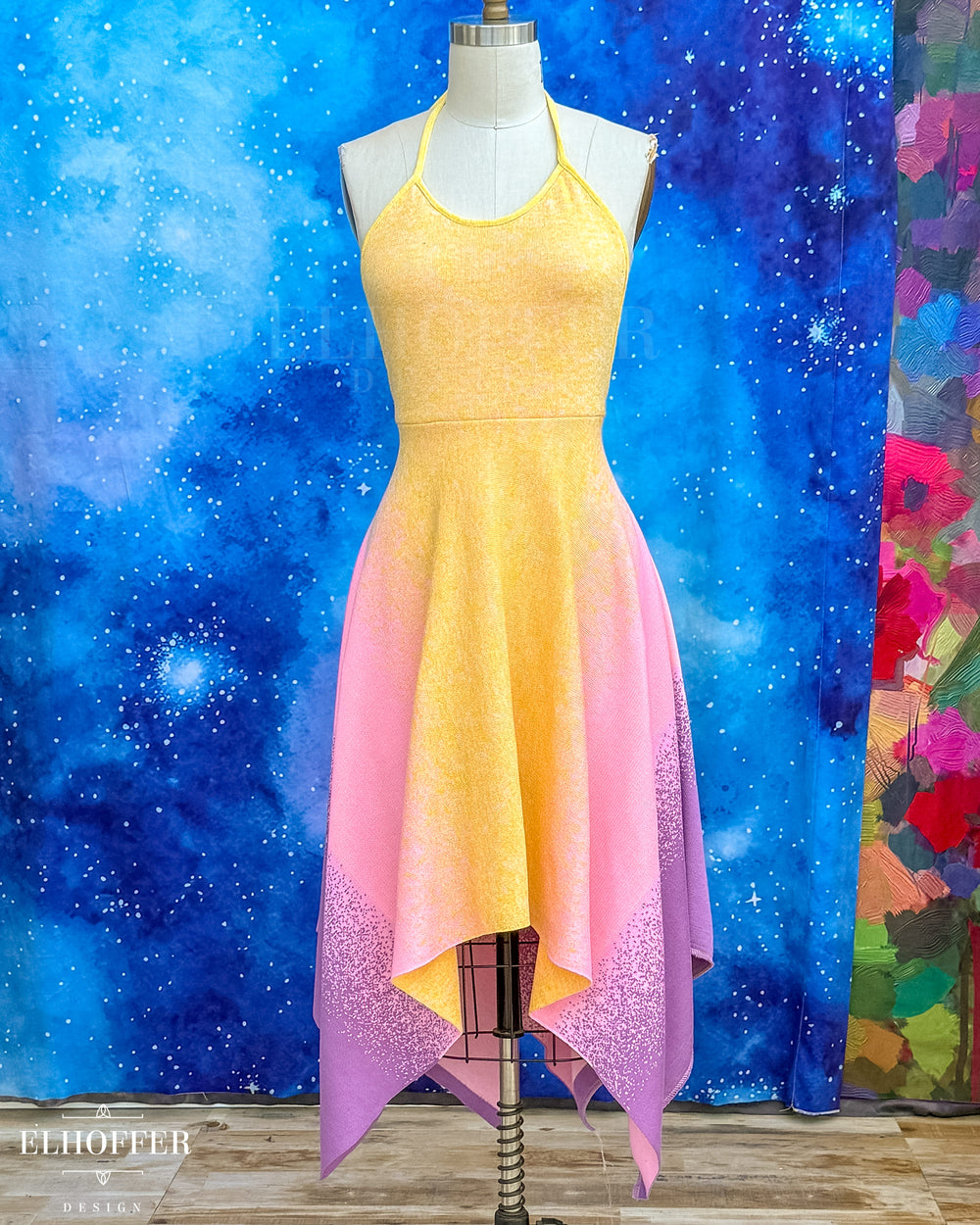 PREORDER - Galactic Dusk Halter Handkerchief Dress