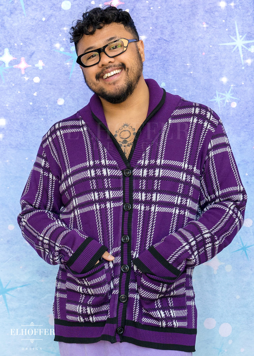 Essential Unisex Shawl Cardigan - Amethyst Tartan