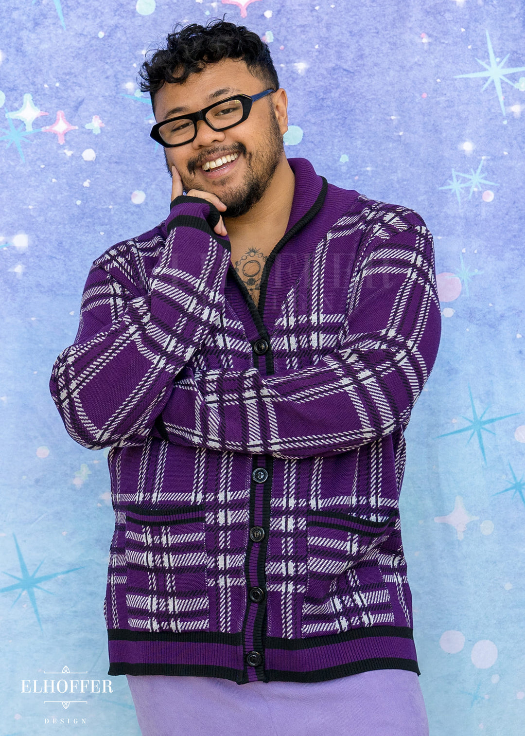 Essential Unisex Shawl Cardigan - Amethyst Tartan