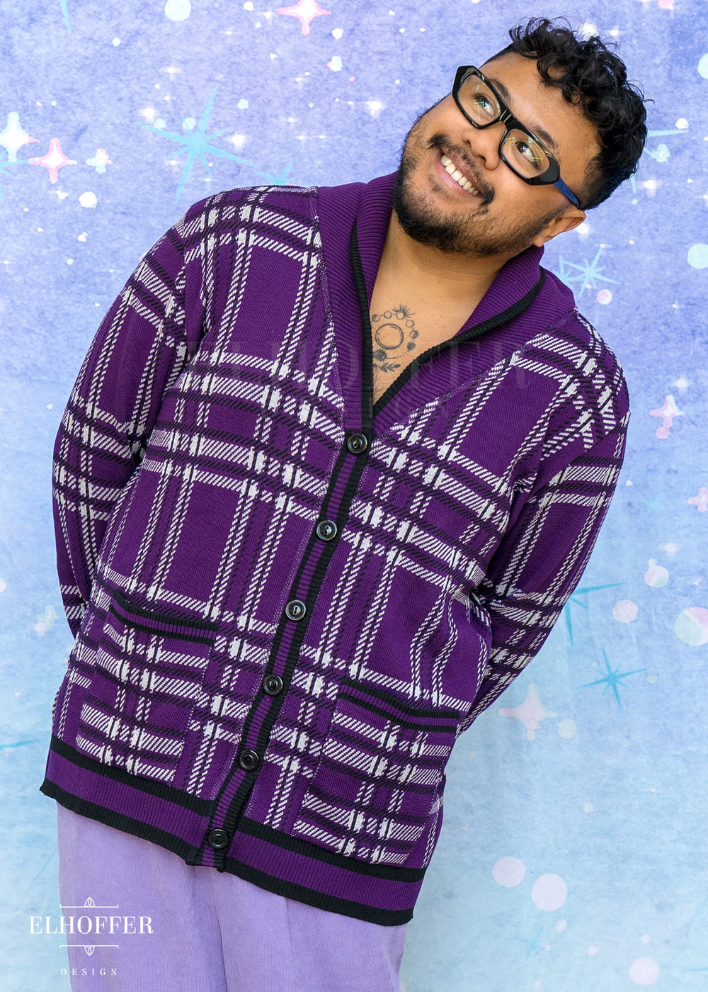 Essential Unisex Shawl Cardigan - Amethyst Tartan