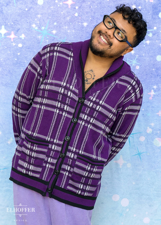 Essential Unisex Shawl Cardigan - Amethyst Tartan