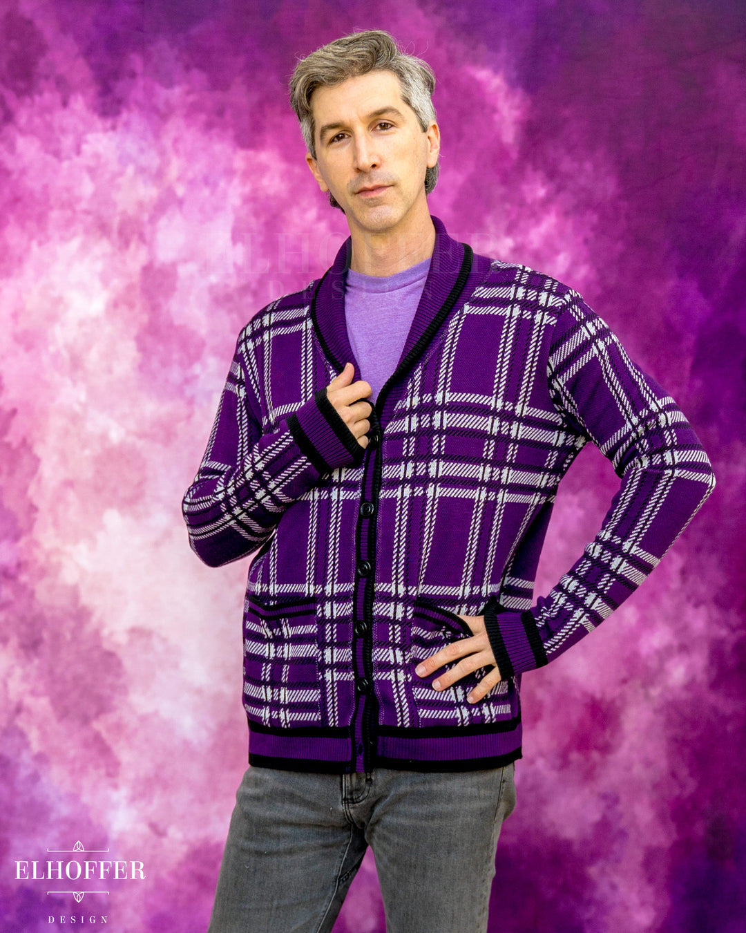 Essential Unisex Shawl Cardigan - Amethyst Tartan
