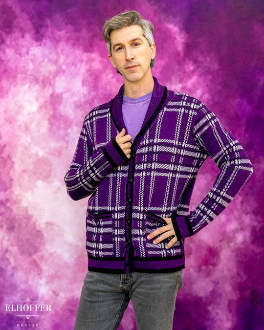 Essential Unisex Shawl Cardigan - Amethyst Tartan