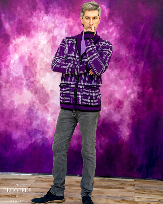 Essential Unisex Shawl Cardigan - Amethyst Tartan