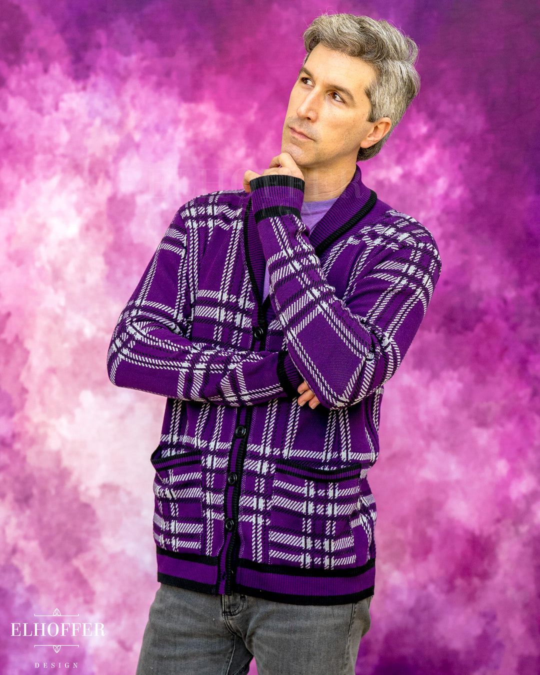 Essential Unisex Shawl Cardigan - Amethyst Tartan