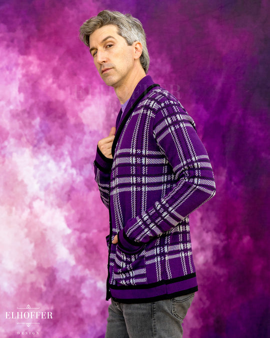 Essential Unisex Shawl Cardigan - Amethyst Tartan