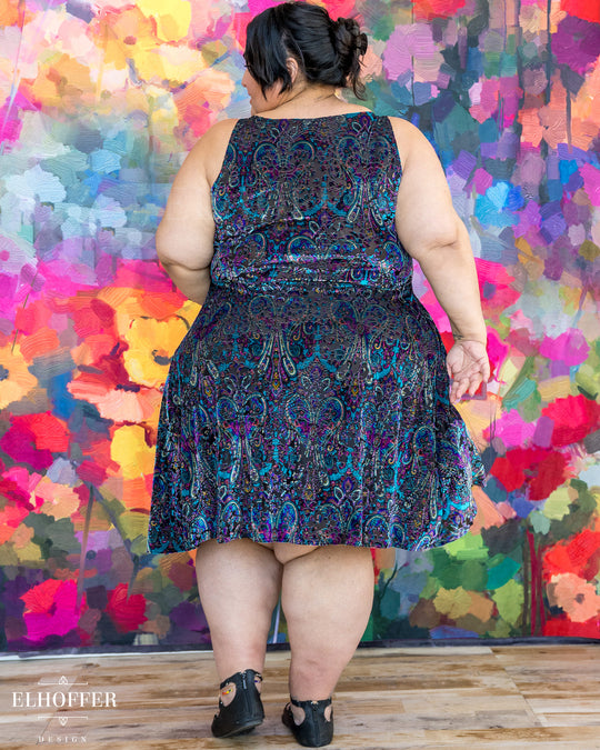 Essential Aquarius Knee Length Dress - Blue Paisley Burnout Velvet