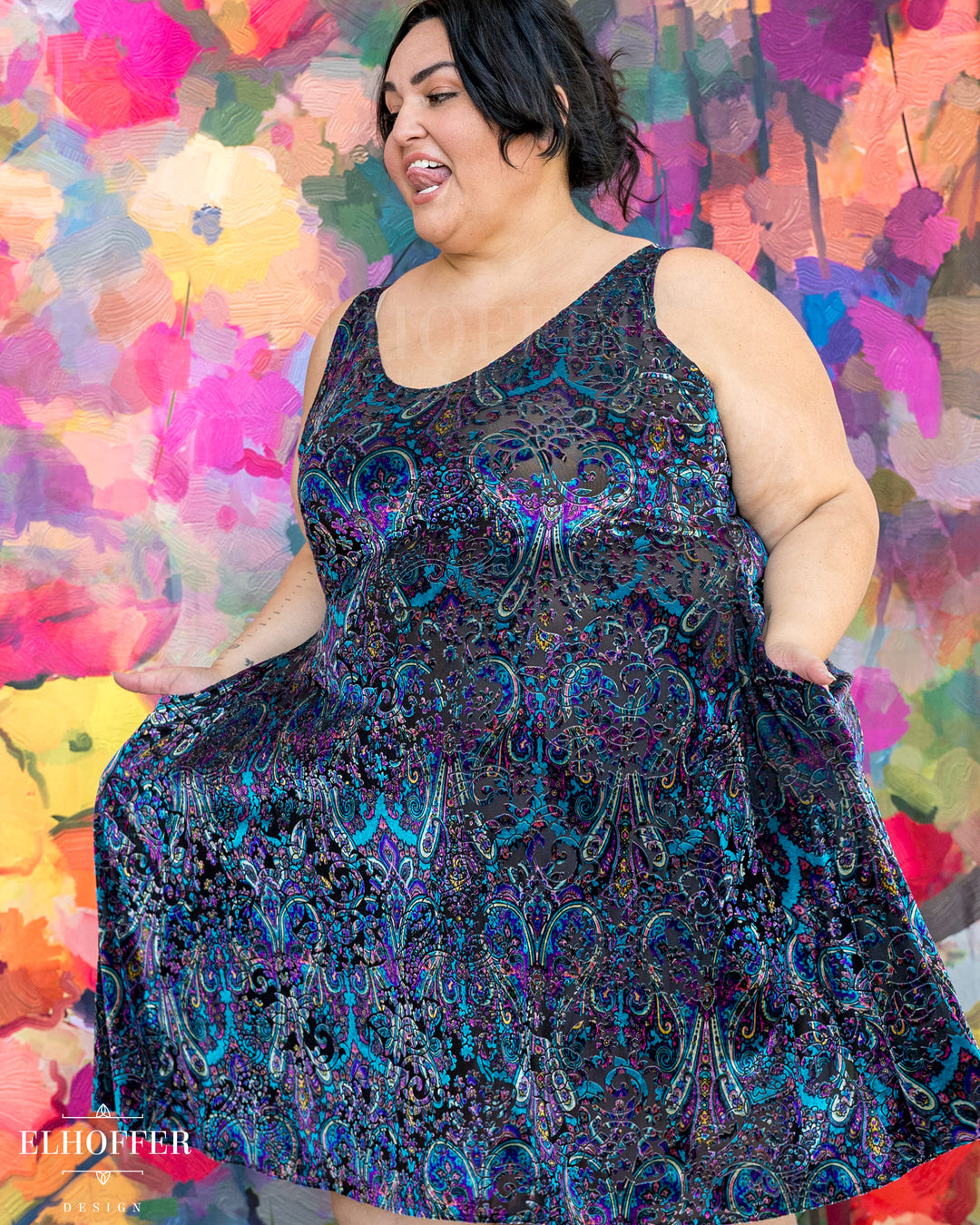 Essential Aquarius Knee Length Dress - Blue Paisley Burnout Velvet