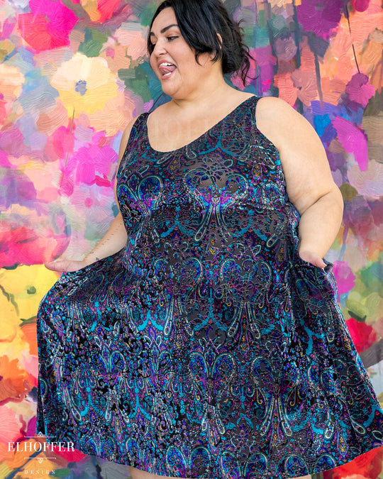 Essential Aquarius Knee Length Dress - Blue Paisley Burnout Velvet