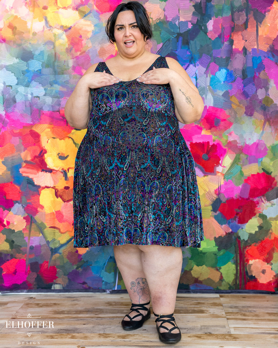 Essential Aquarius Knee Length Dress - Blue Paisley Burnout Velvet