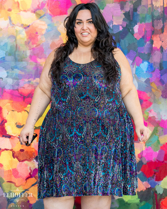 Essential Aquarius Knee Length Dress - Blue Paisley Burnout Velvet