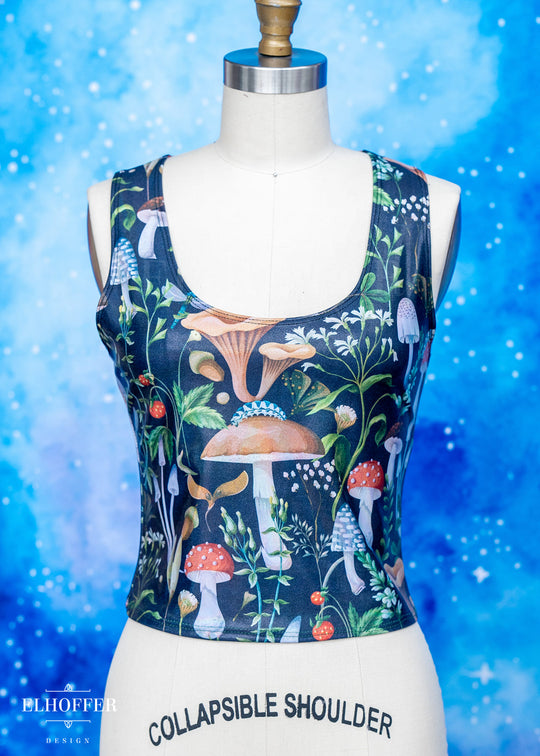 Handmade Buffy Crop Top - Shiny Foraging Mushrooms