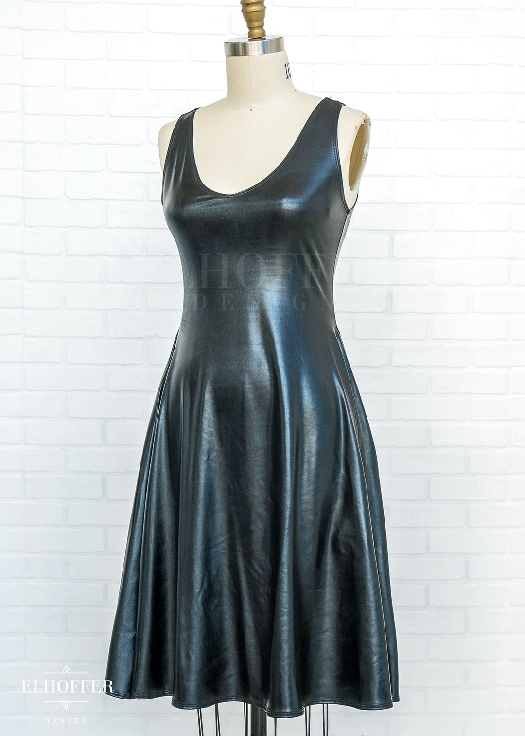 Essential Aquarius Knee Length Dress - Black Liquid Leather